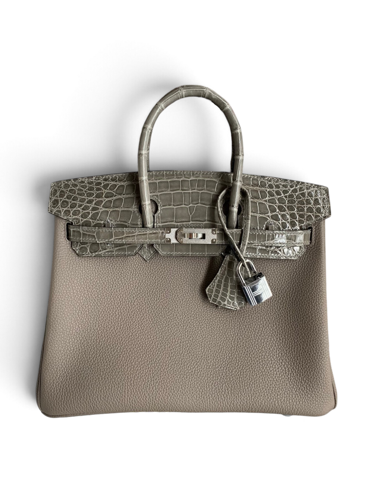 SWORD LUXURY Etain gri Togo deri ve timsah derisi detaylı Hermès Birkin 30 çanta, paladyum donanımlı.