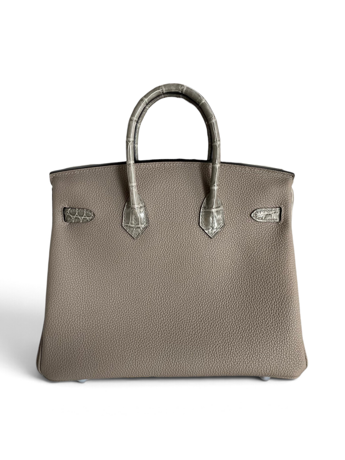 SWORD LUXURY Etain gri Togo deri ve timsah derisi detaylı Hermès Birkin 30 çanta, kutu içerisinde.