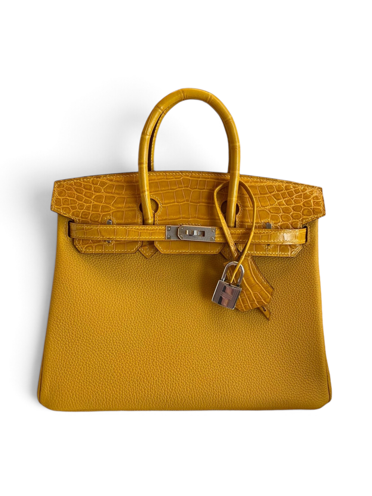 SWORD LUXURY Jaune Ambre Birkin 25 çanta, timsah derisi detaylı ve paladyum donanımlı sarı Togo deri tasarım.