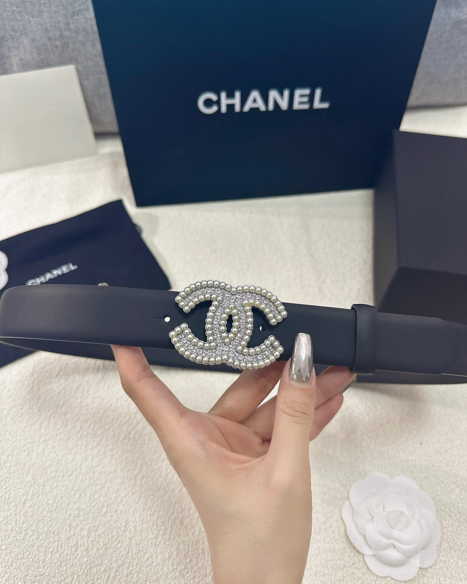 Pearl CC Buckle Black Leather Belt