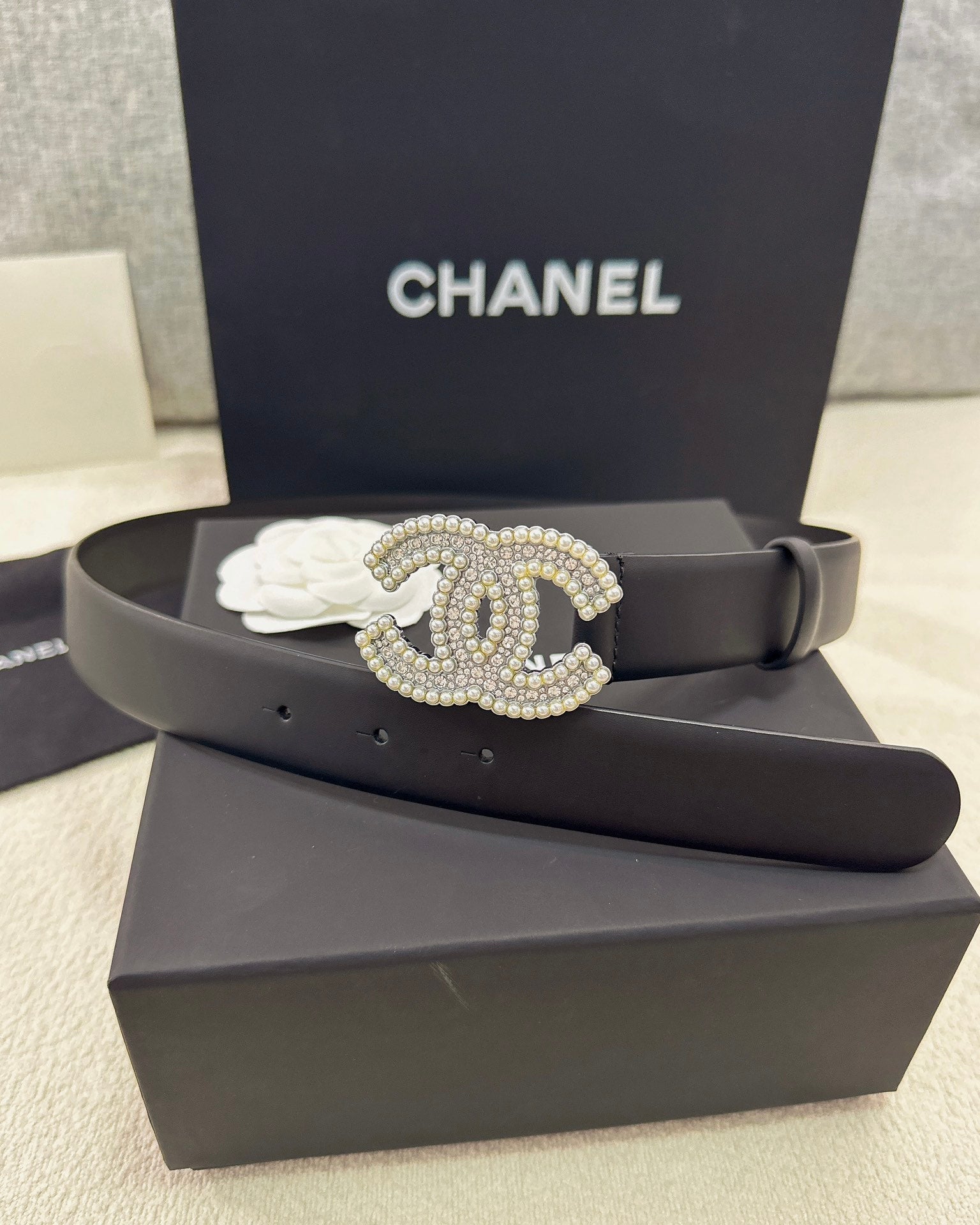 Pearl CC Buckle Black Leather Belt