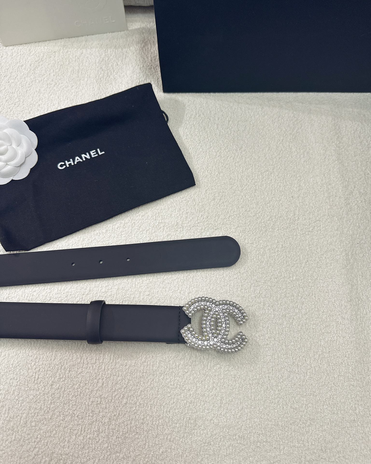 Pearl CC Buckle Black Leather Belt