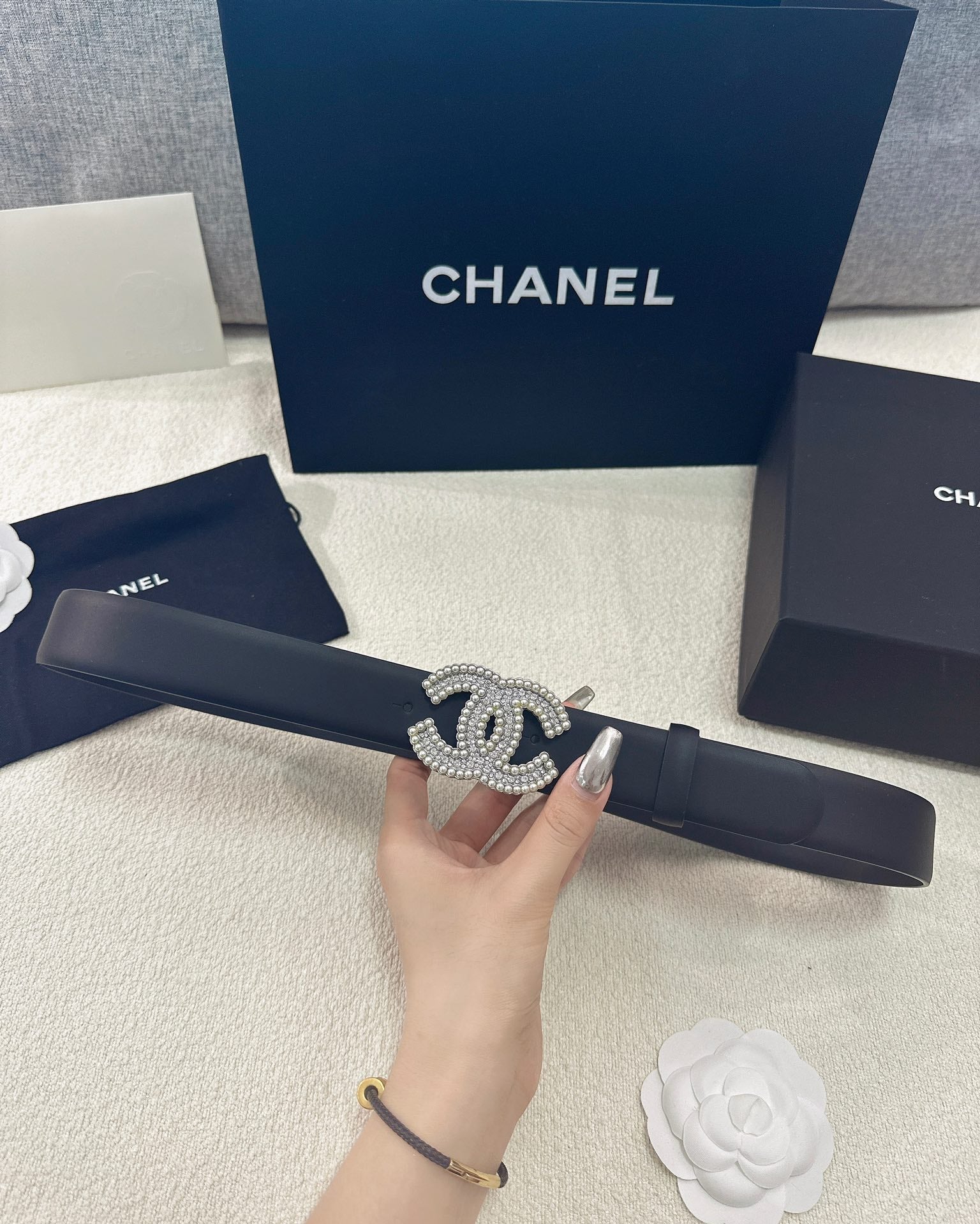 Pearl CC Buckle Black Leather Belt