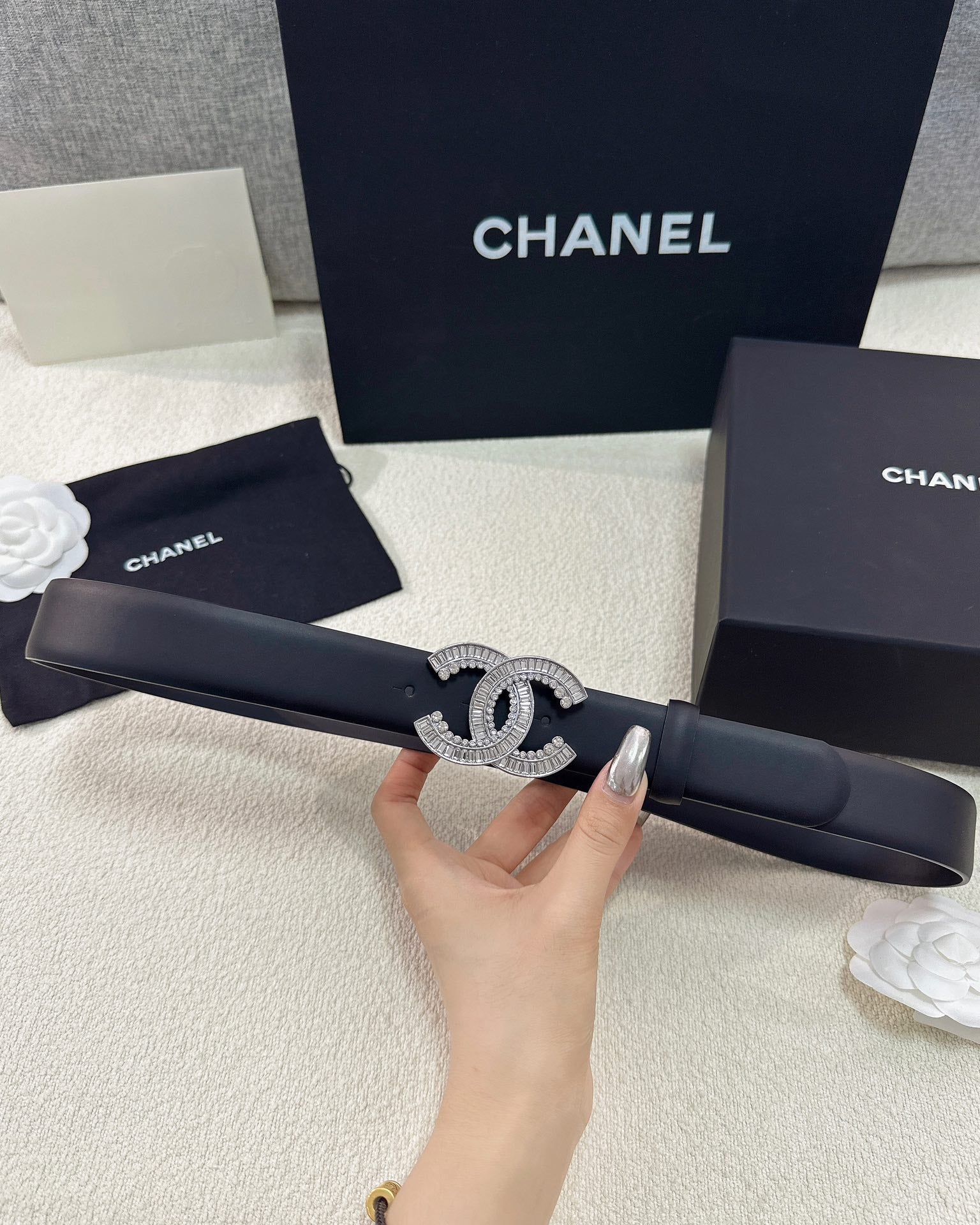Double C Crystal Buckle Leather Belt