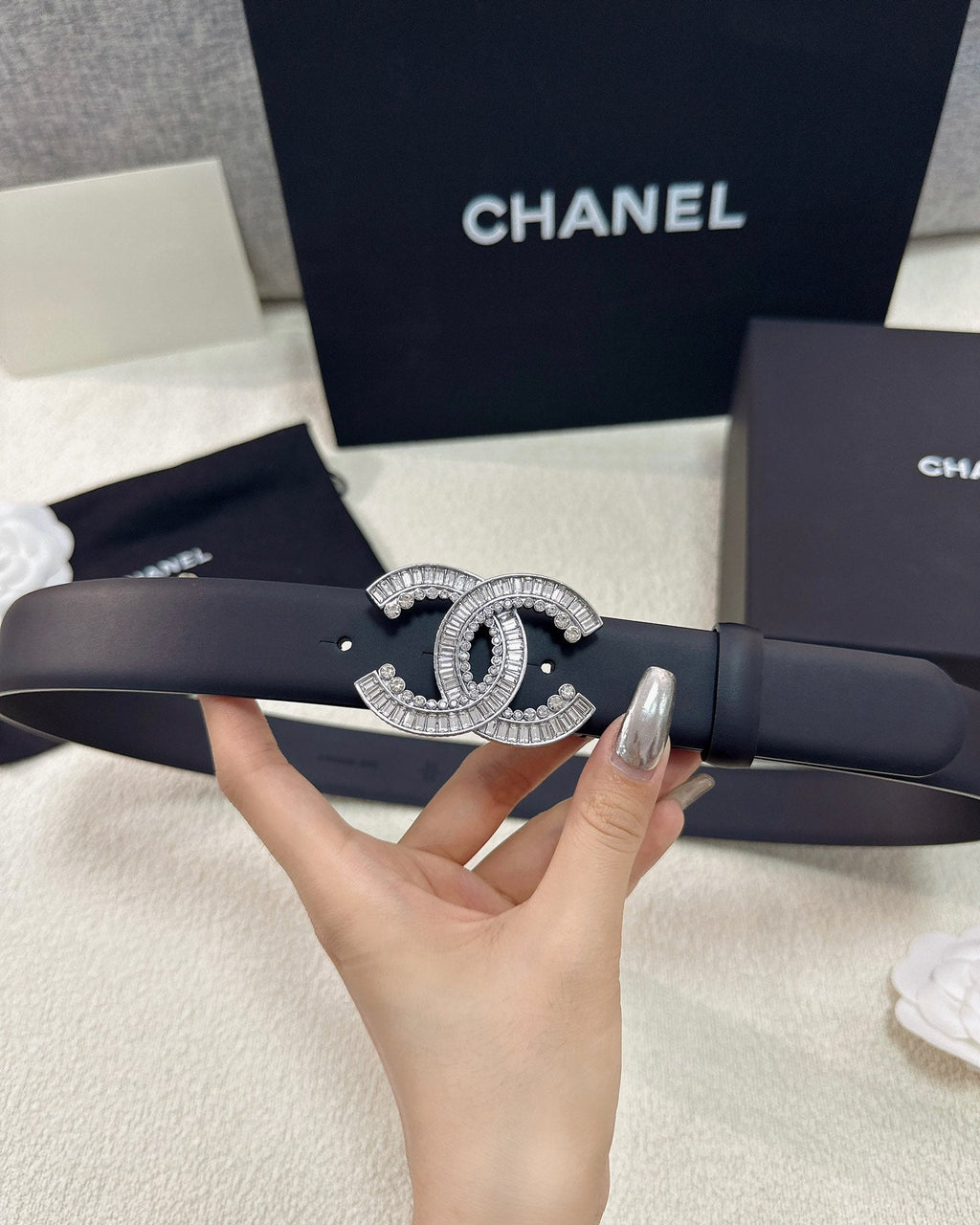 Double C Crystal Buckle Leather Belt