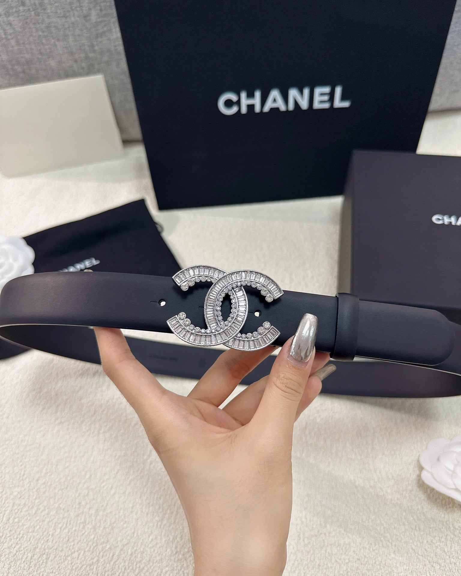 Double C Crystal Buckle Leather Belt