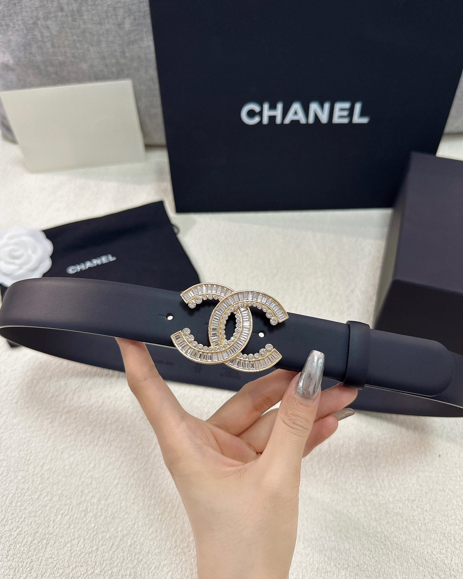 Double C Crystal Buckle Leather Belt