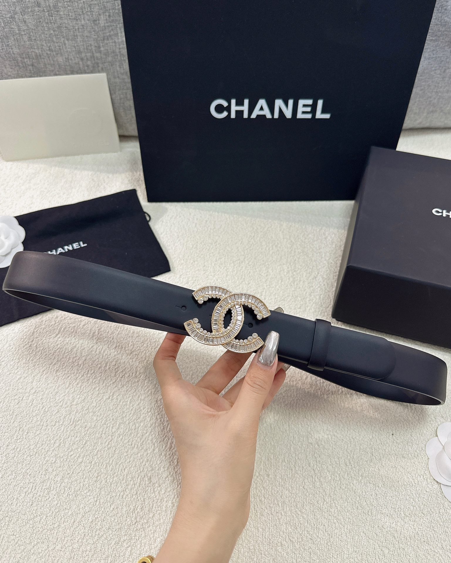 Double C Crystal Buckle Leather Belt