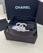 Twisted CC Crystal Buckle Black Leather Belt
