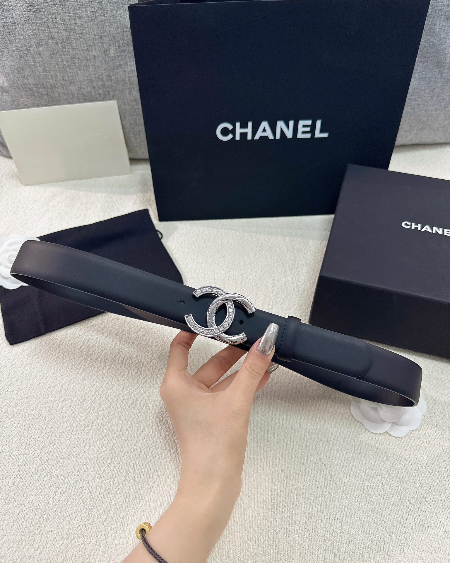 Twisted CC Crystal Buckle Black Leather Belt