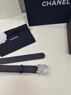 Twisted CC Crystal Buckle Black Leather Belt