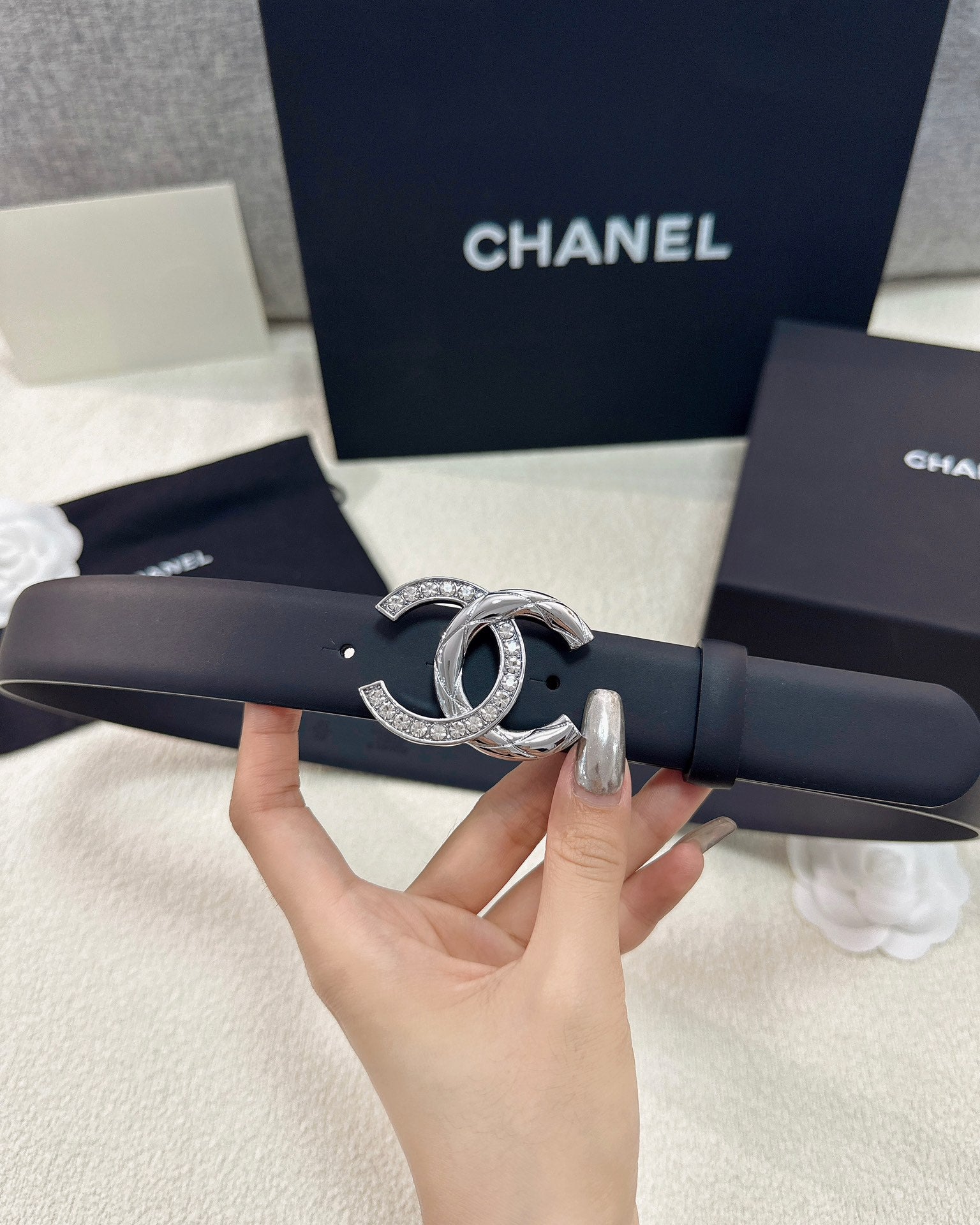 Twisted CC Crystal Buckle Black Leather Belt