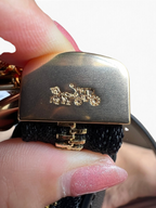 SWORD LUXURY Coach Teri omuz çantası üzerinde yer alan altın rengi metal fermuar detayı ve ikonik logo işlemesi.