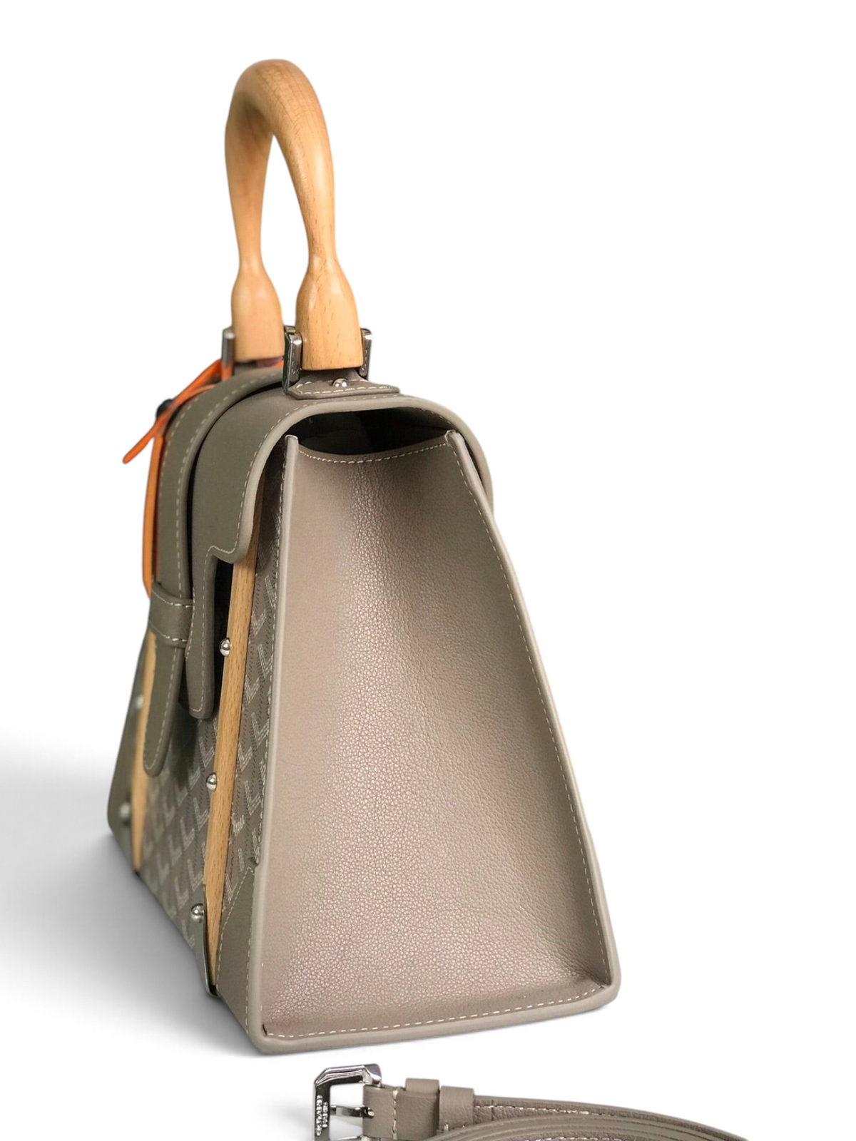 SWORD LUXURY Saïgon PM handbag in grey Goyardine canvas with a beechwood top handle and smooth leather side panels.