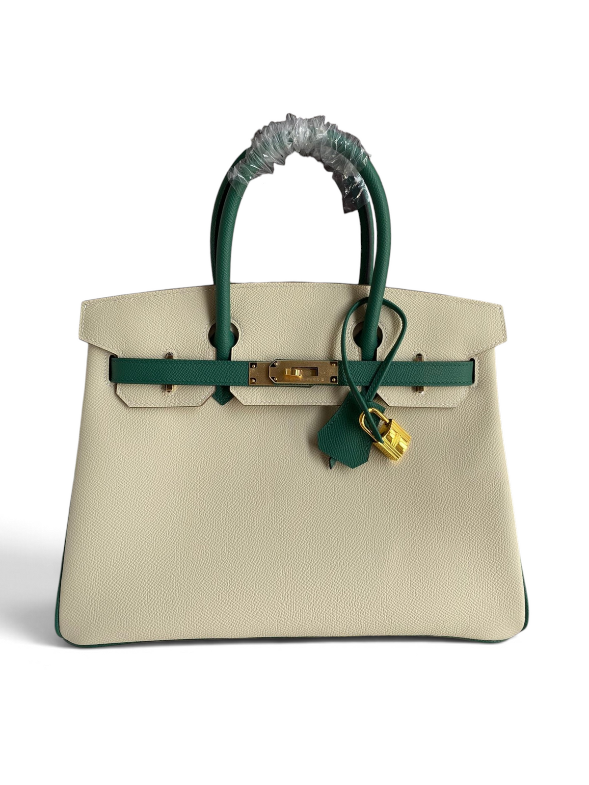 SWORD LUXURY marka, fildişi ve yeşil renkli, altın donanımlı, Epsom deri Hermès Birkin 30 çanta.