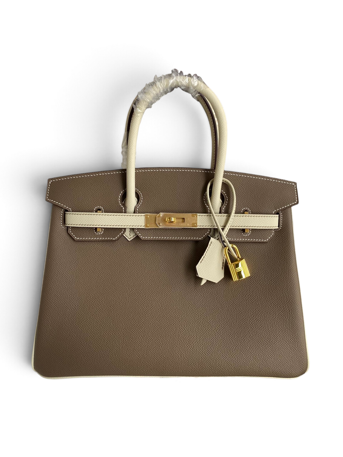 SWORD LUXURY marka, taupe ve krem renkli, altın donanımlı, Epsom deri Hermès Birkin 30 çanta.