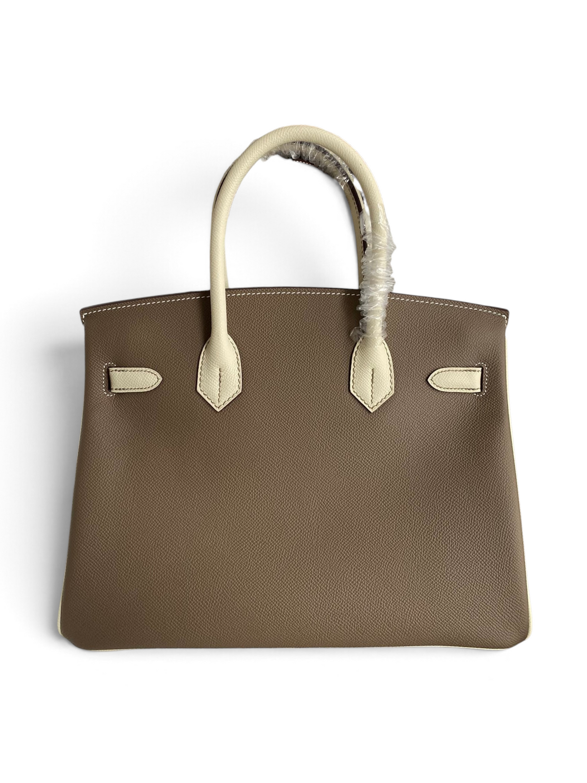SWORD LUXURY marka, taupe ve krem renkli, Epsom deriden üretilmiş, altın donanımlı şık Hermès Birkin 30 el çantası.