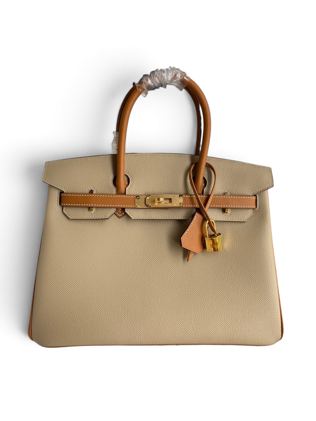 SWORD LUXURY marka, altın donanımlı, taupe ve krem renkli, Epsom deri Hermès Birkin 30 çanta kutusunda.