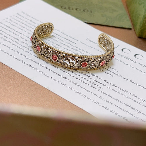Antique Floral Cuff Bracelet with Pink Gemstone Detailing