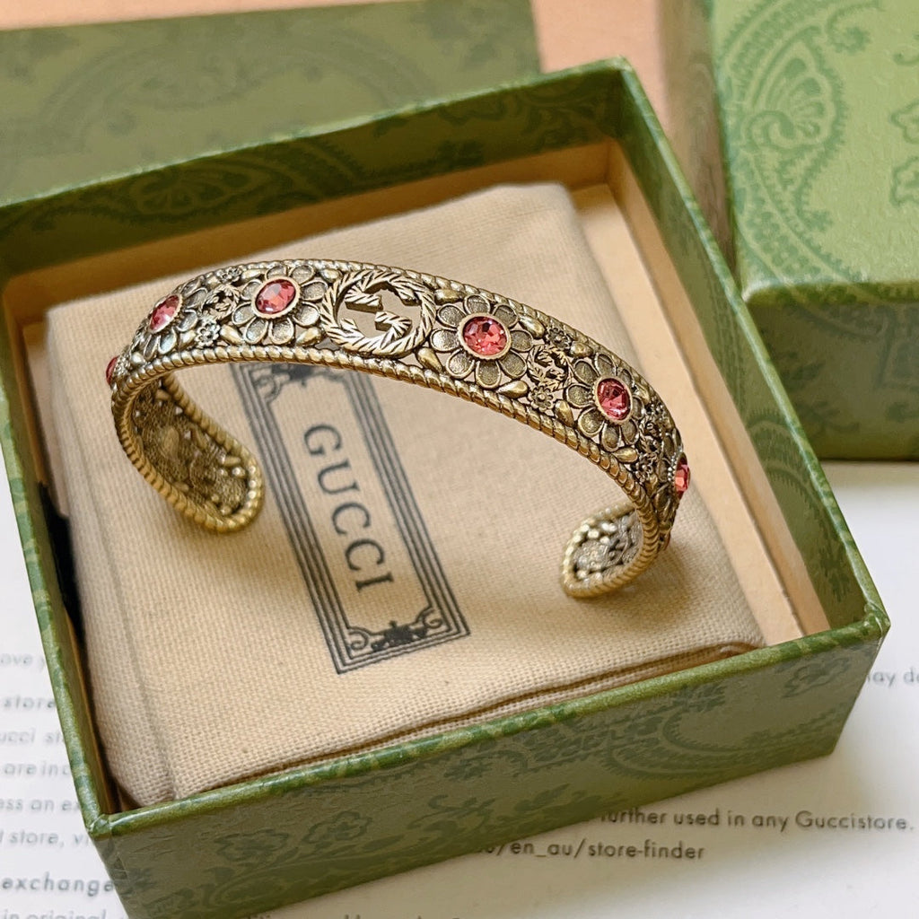 Antique Floral Cuff Bracelet with Pink Gemstone Detailing