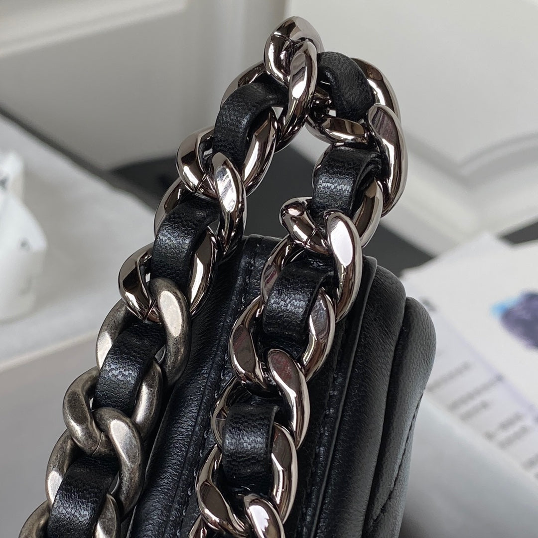 Black Quilted Half-Moon Bag with Mixed Metal Chain