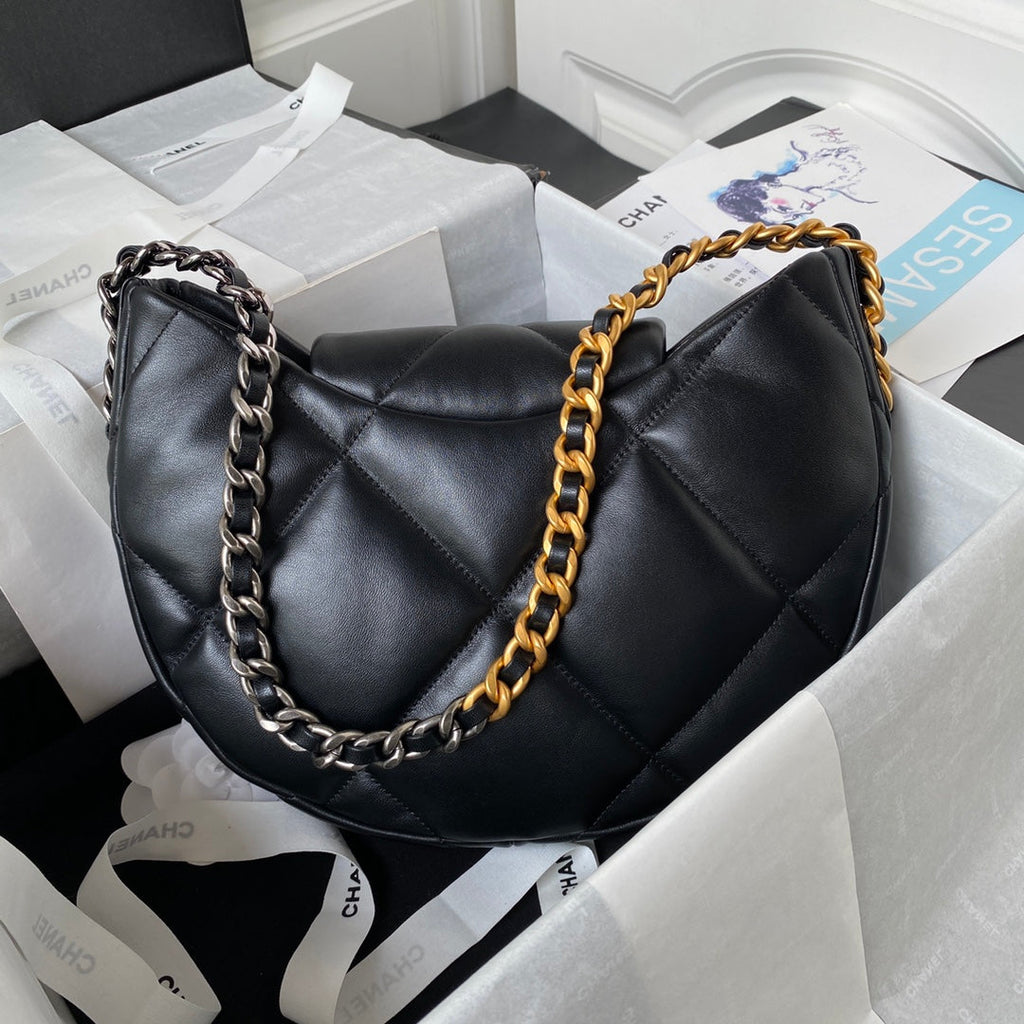 Black Quilted Half-Moon Bag with Mixed Metal Chain