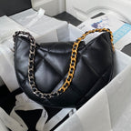 Black Quilted Half-Moon Bag with Mixed Metal Chain