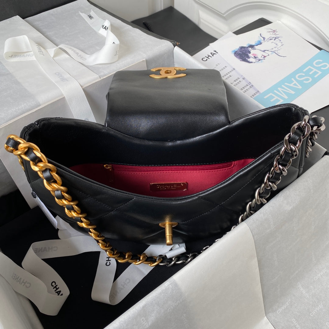 Black Quilted Half-Moon Bag with Mixed Metal Chain