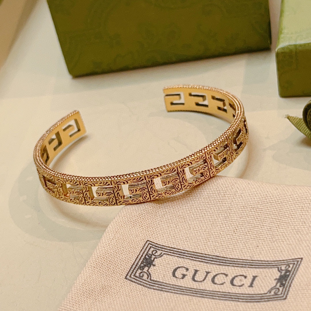 Antique Gold Open Cuff Bracelet with Engraved Double G Motif