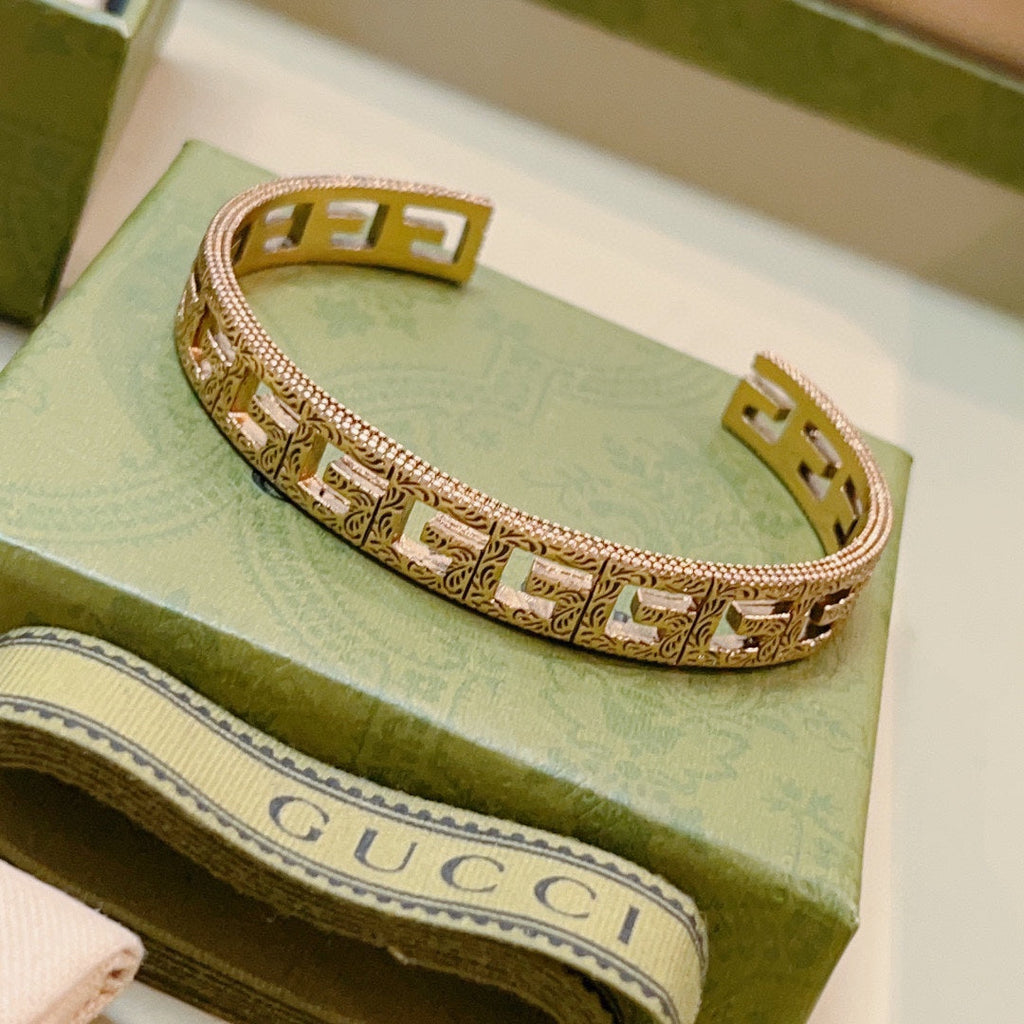Antique Gold Open Cuff Bracelet with Engraved Double G Motif