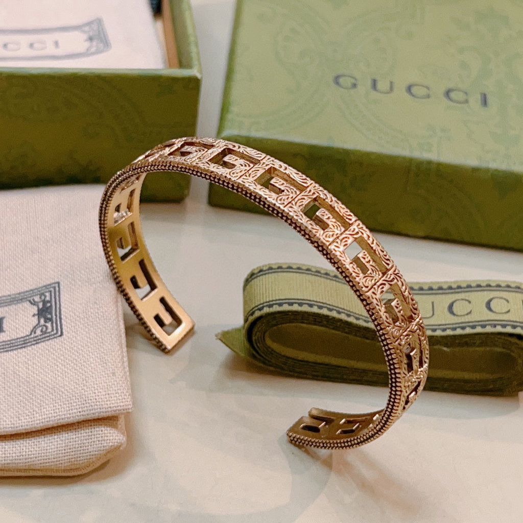 Antique Gold Open Cuff Bracelet with Engraved Double G Motif