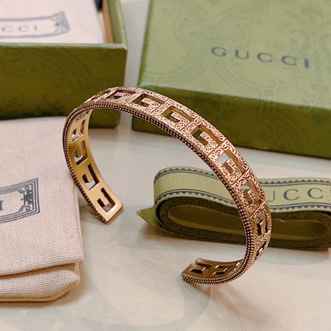 Antique Gold Open Cuff Bracelet with Engraved Double G Motif