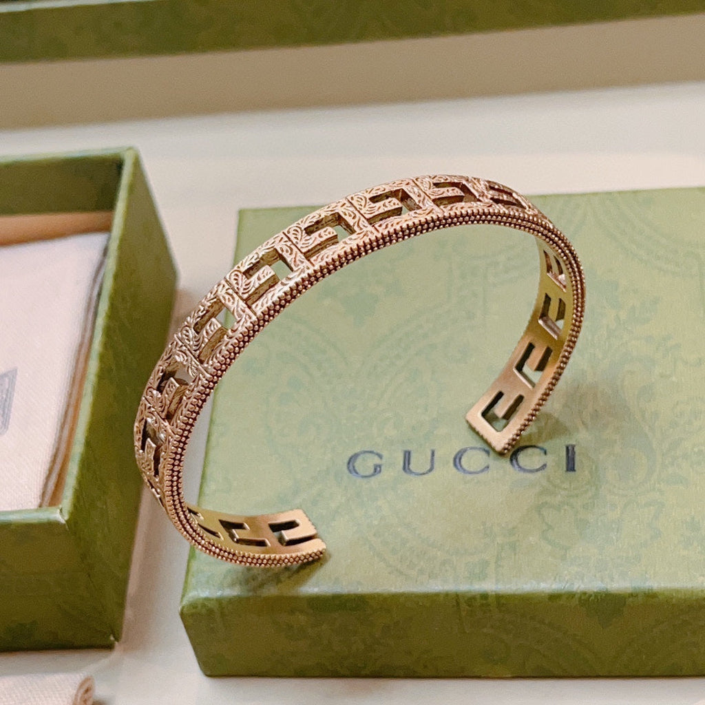 Antique Gold Open Cuff Bracelet with Engraved Double G Motif