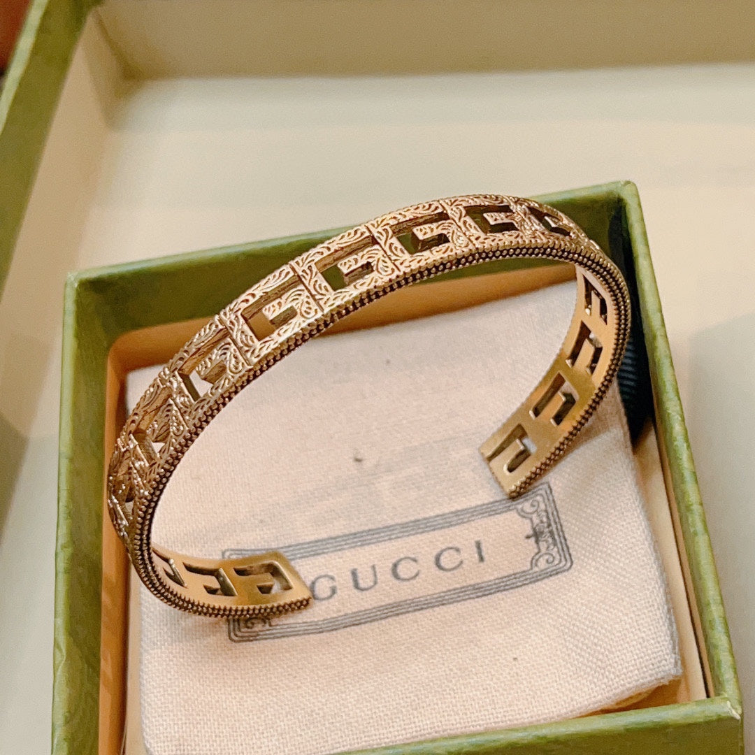Antique Gold Open Cuff Bracelet with Engraved Double G Motif