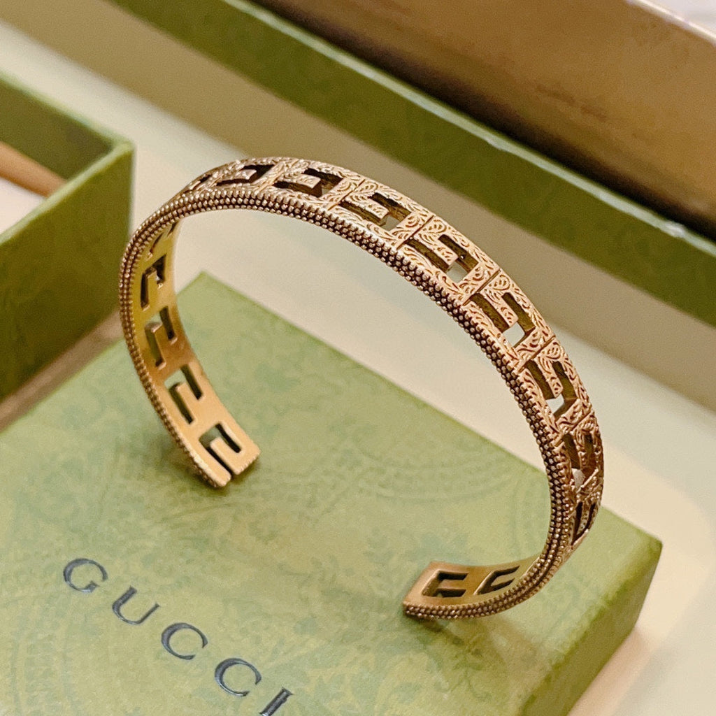 Antique Gold Open Cuff Bracelet with Engraved Double G Motif