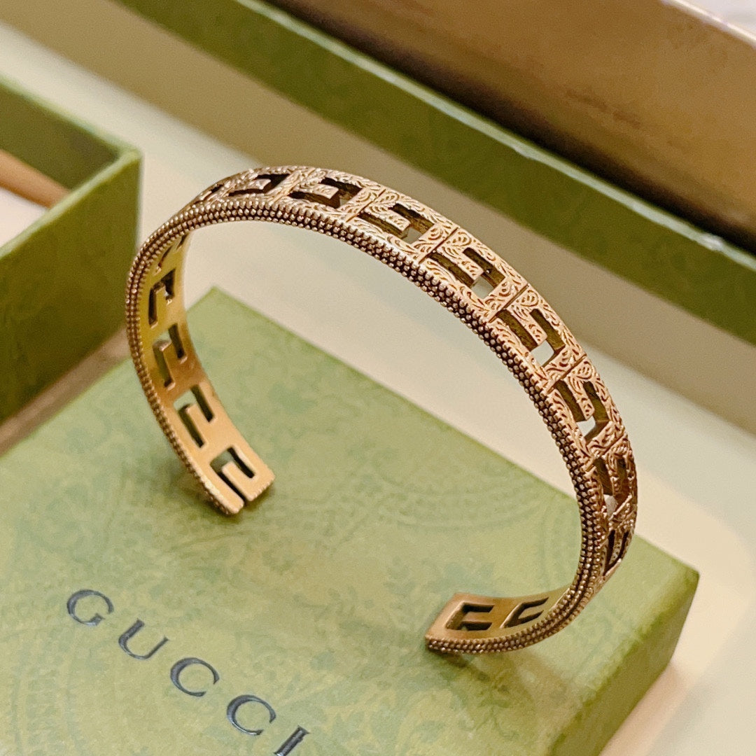Antique Gold Open Cuff Bracelet with Engraved Double G Motif
