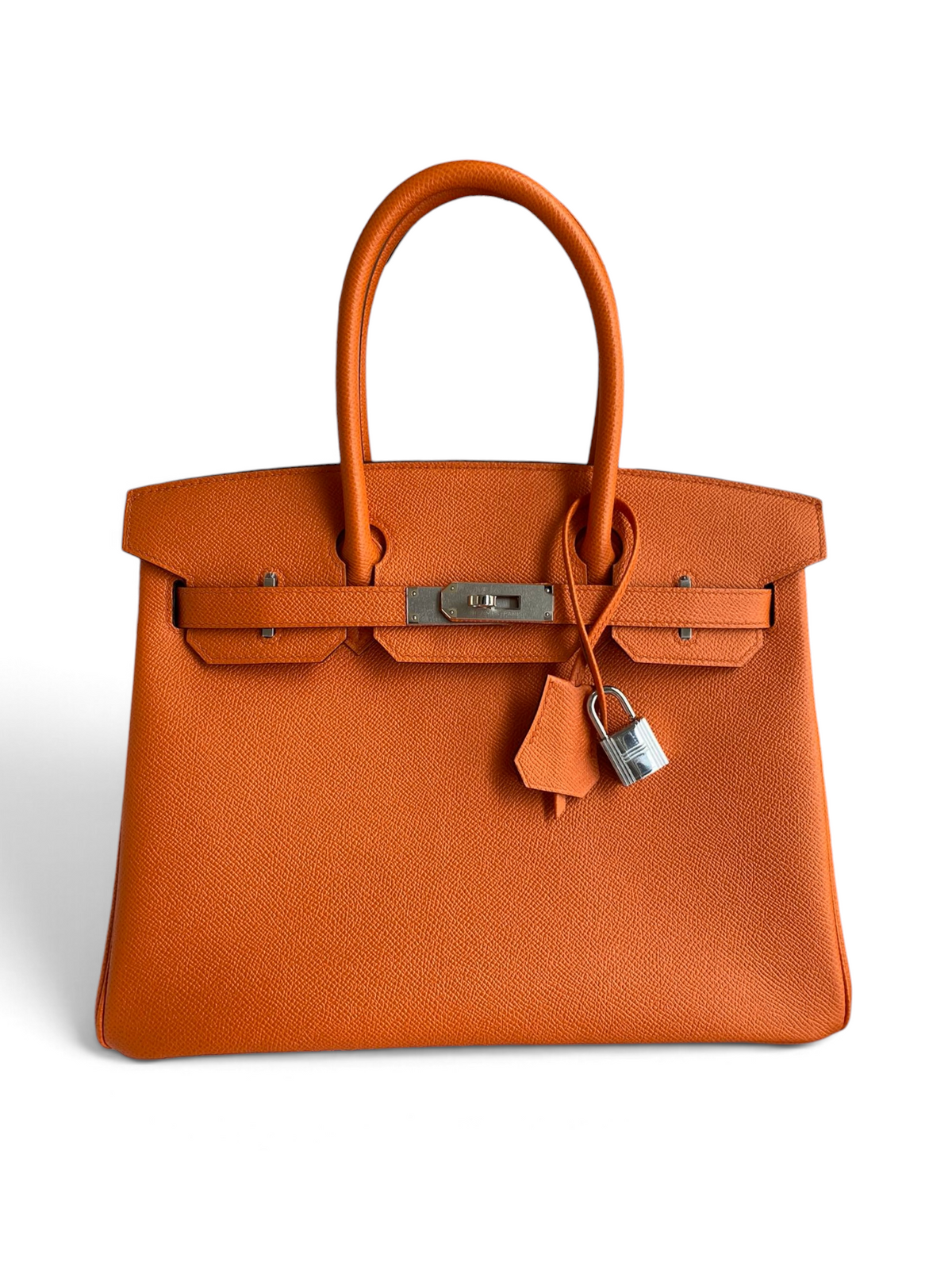 SWORD LUXURY turuncu Epsom deri Hermès Birkin 30 çanta, gümüş donanım, kilit ve anahtarlı, kutusunda.