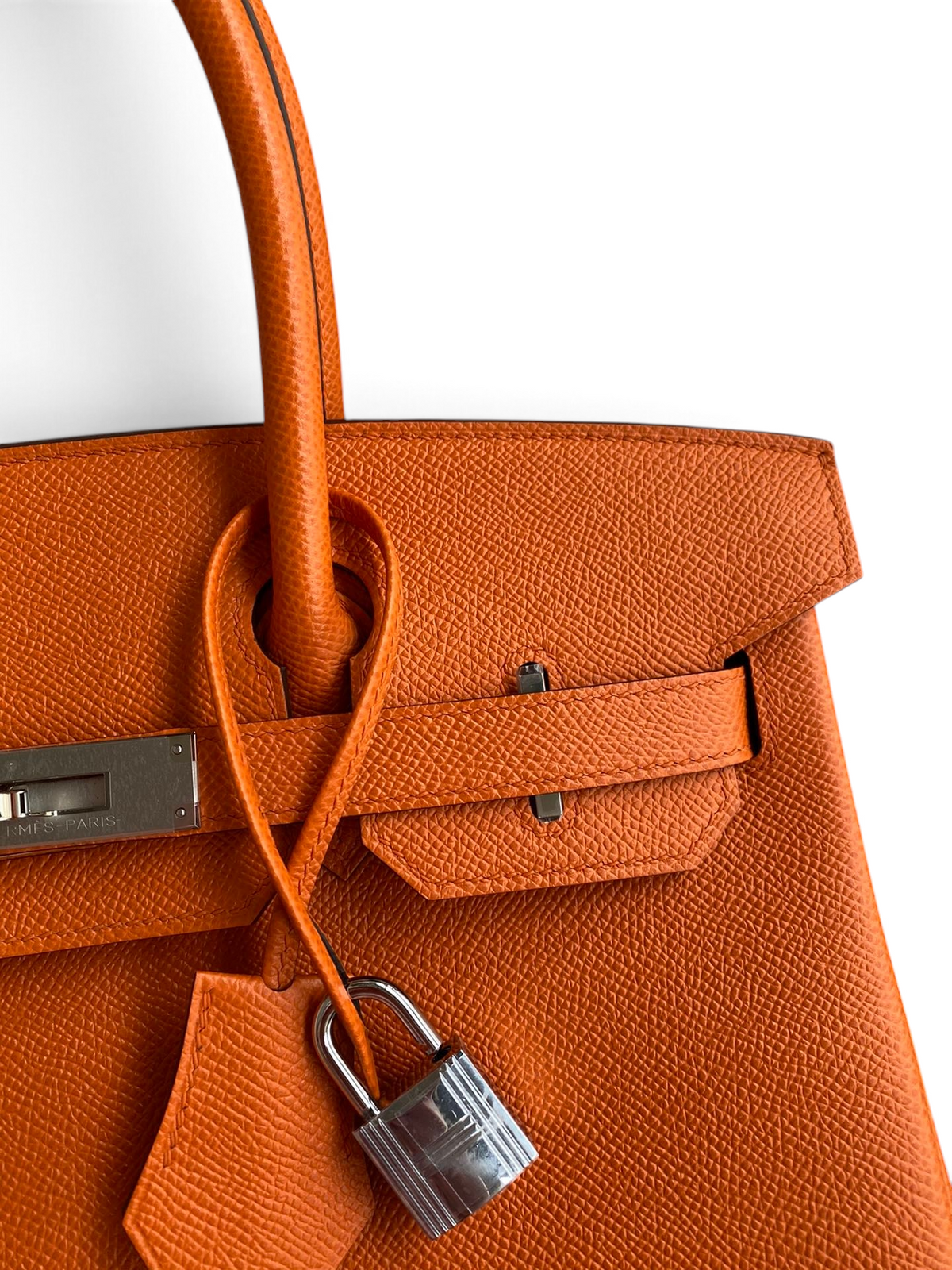 SWORD LUXURY turuncu Epsom deri Hermès Birkin 30 çanta, gümüş donanım, kilit ve clochette detaylı.