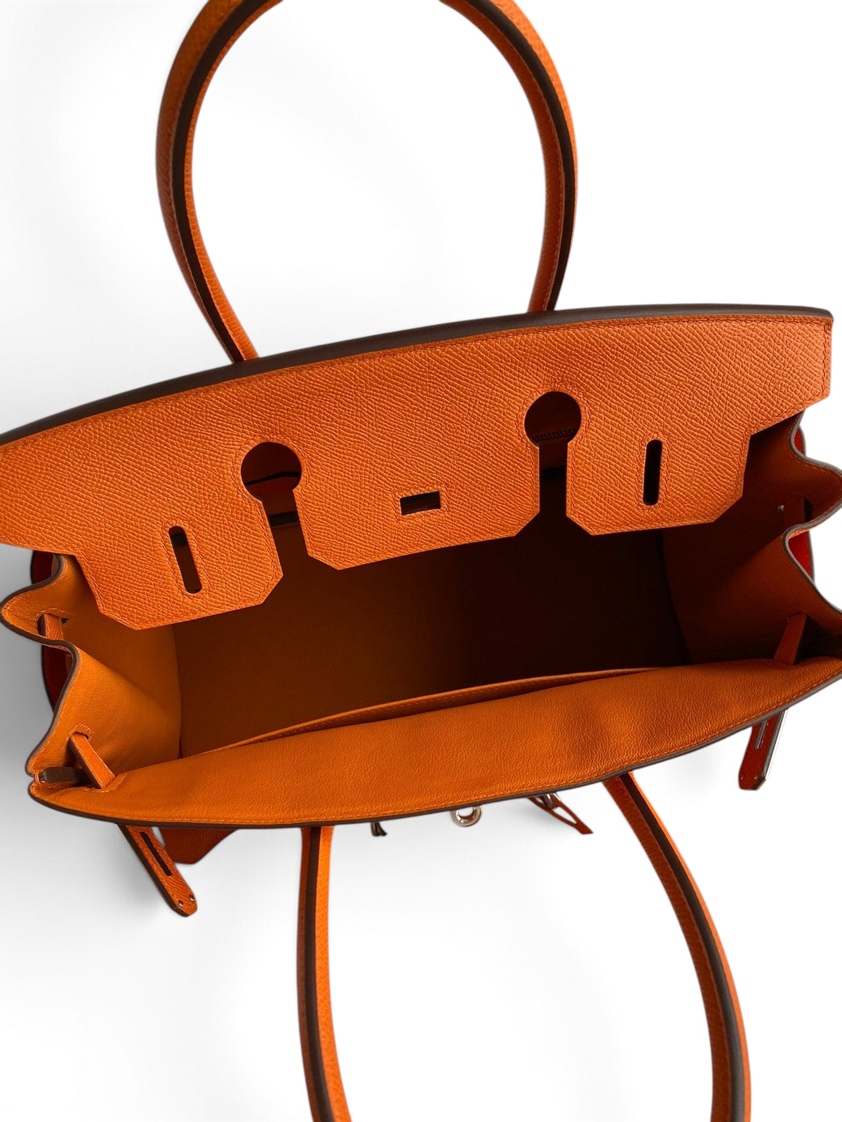 SWORD LUXURY turuncu Epsom deri Hermès Birkin 30 çanta, üstten görünüm ve iç detaylar.