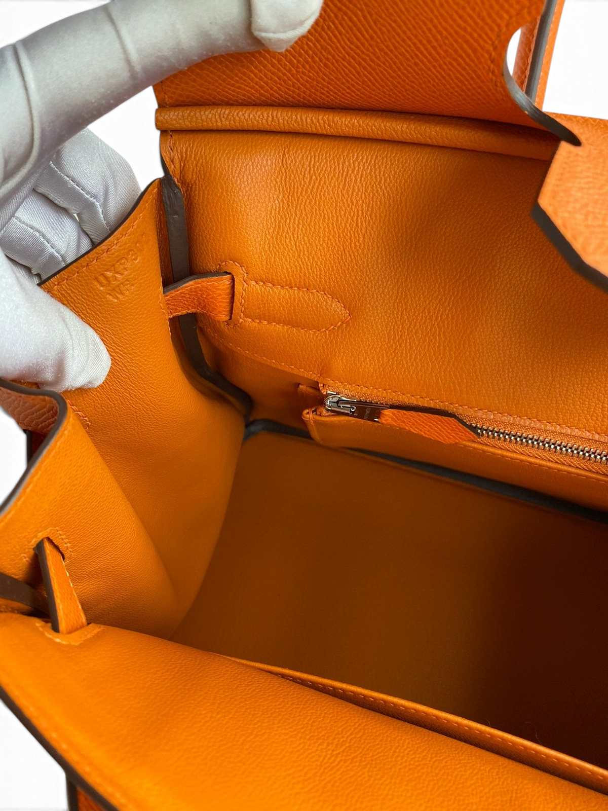 SWORD LUXURY turuncu Epsom deri Hermès Birkin 30 çanta iç detayı ve fermuarlı cep
