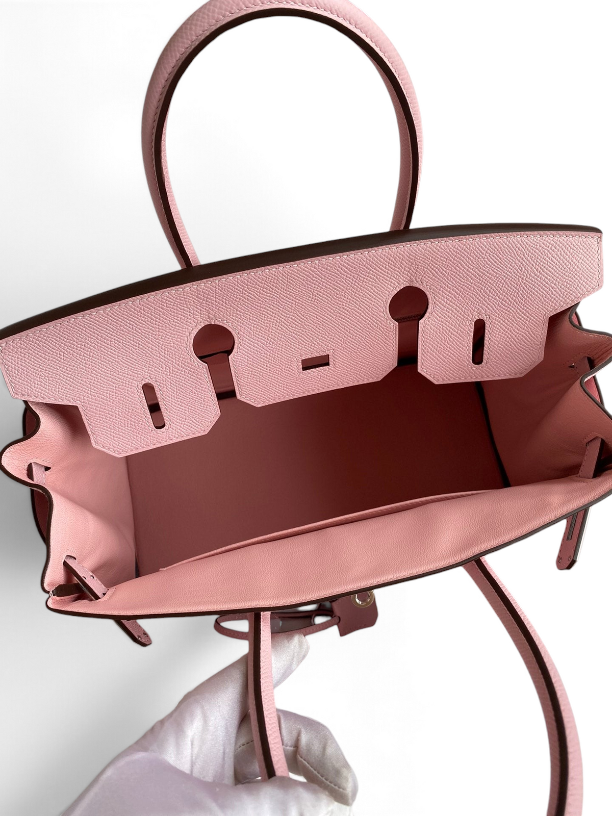 SWORD LUXURY pembe Epsom deri Hermès Birkin 30 çanta, iç bölmesi ve detaylı işçiliği ile kutu içerisinde.