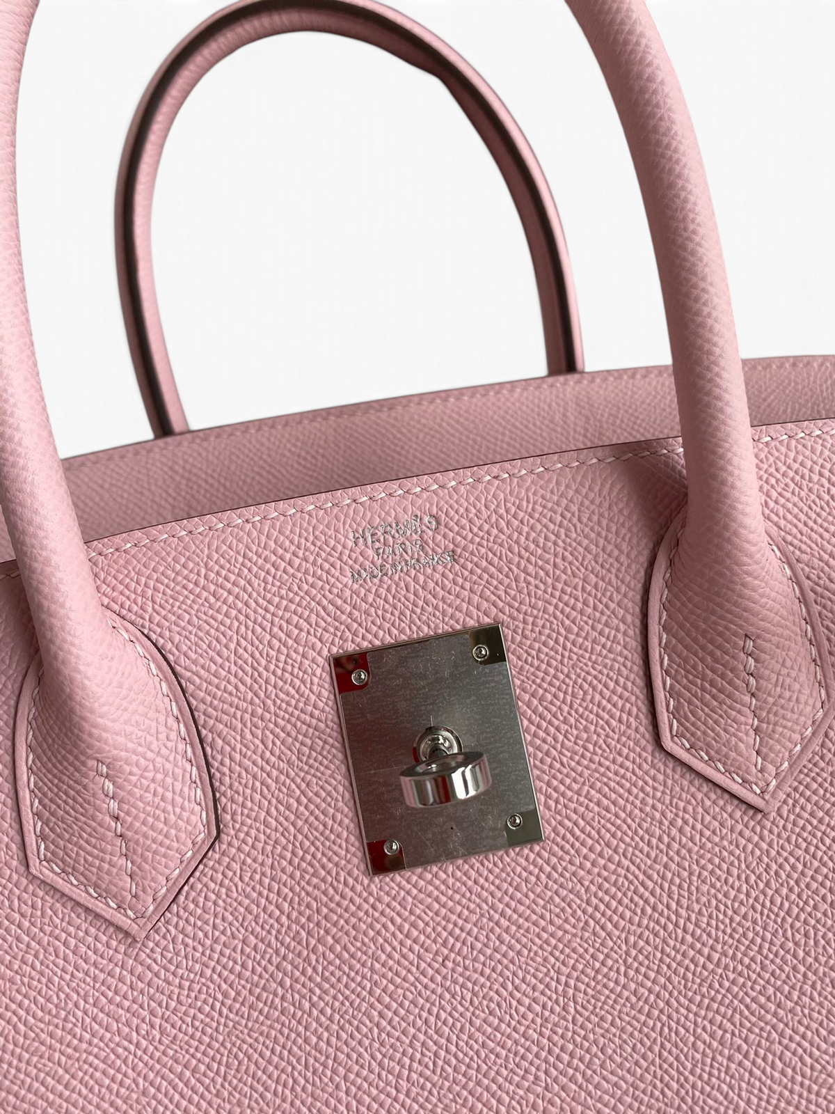 SWORD LUXURY marka pembe Epsom deri Hermès Birkin 30 çanta, gümüş paladyum kilit detayı ile.