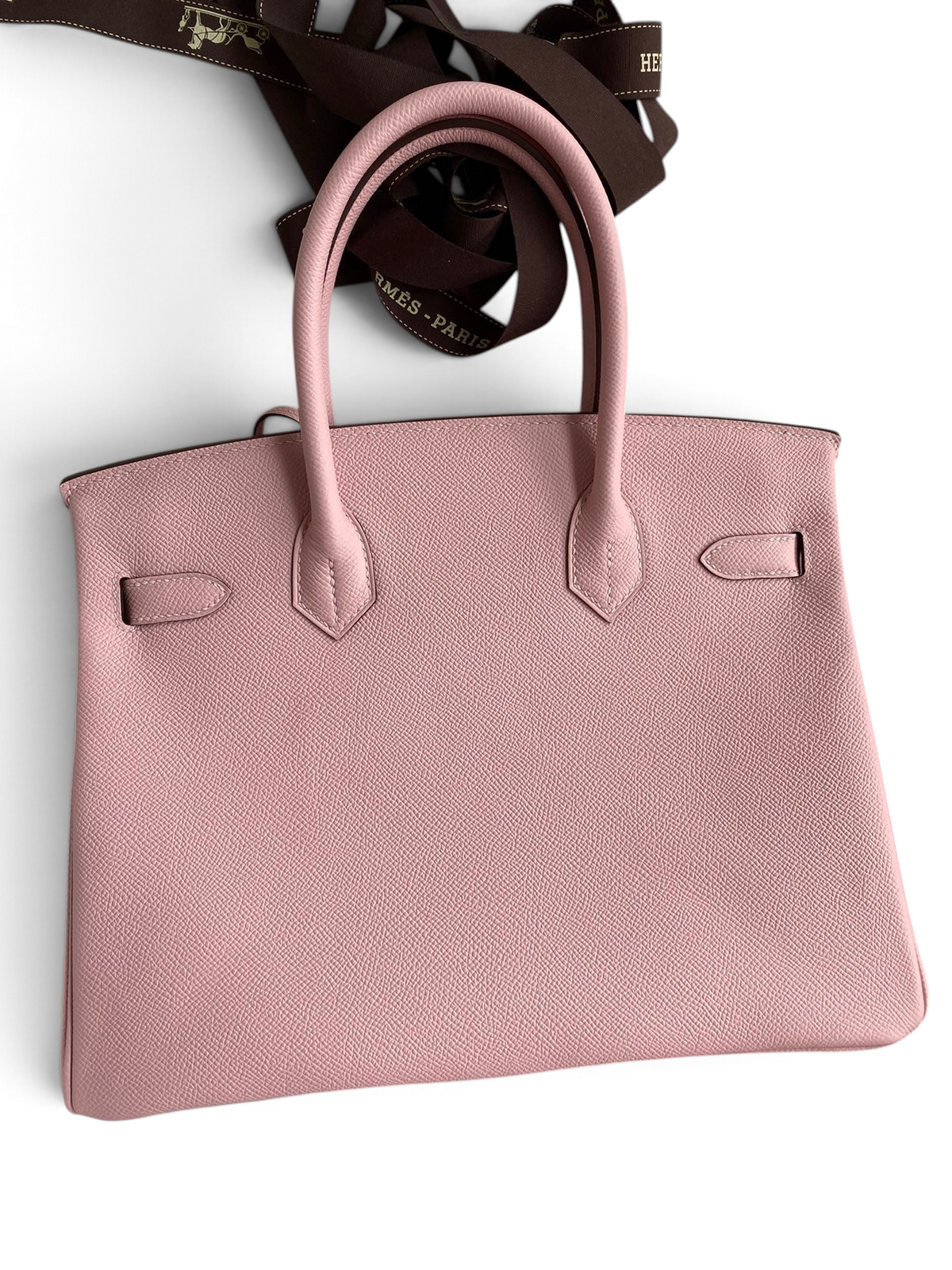 SWORD LUXURY marka pembe Epsom deri Hermès Birkin 30 çanta, kutu içerisinde şık ve zarif tasarımıyla.
