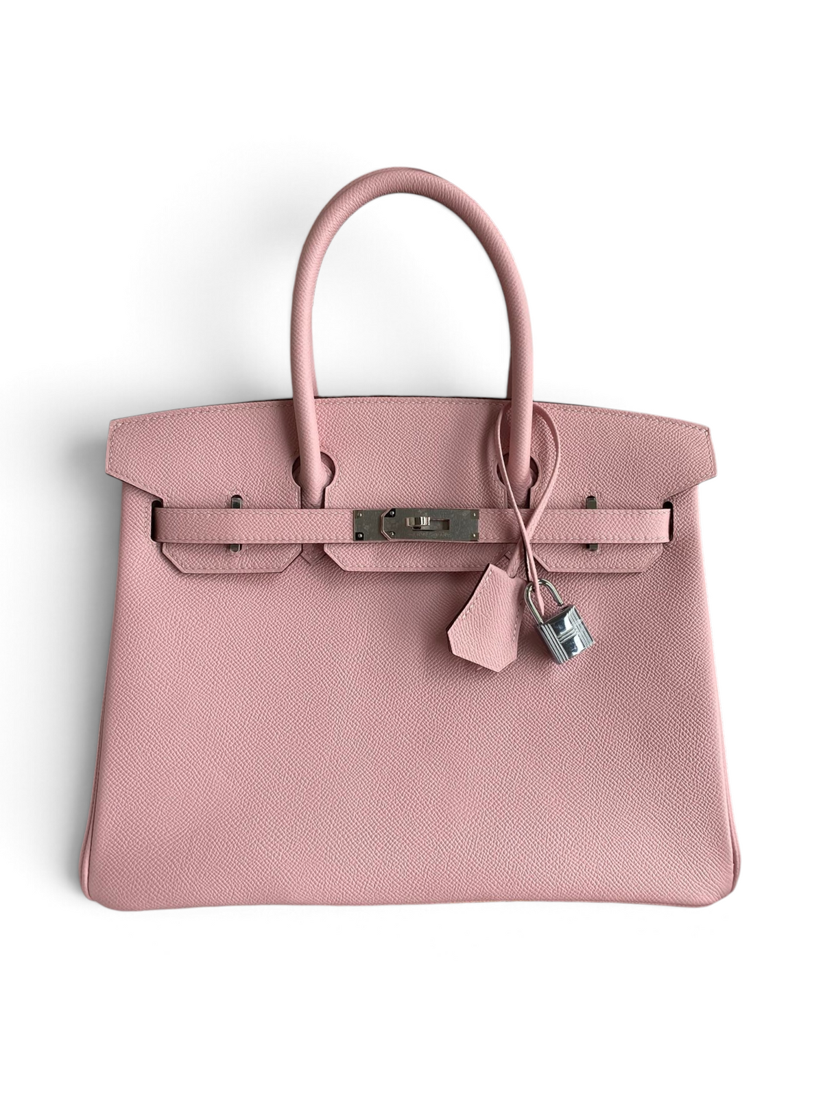 SWORD LUXURY marka pembe Epsom deri Hermès Birkin 30 çanta, paladyum donanım ve kilit detaylarıyla kutusunda.