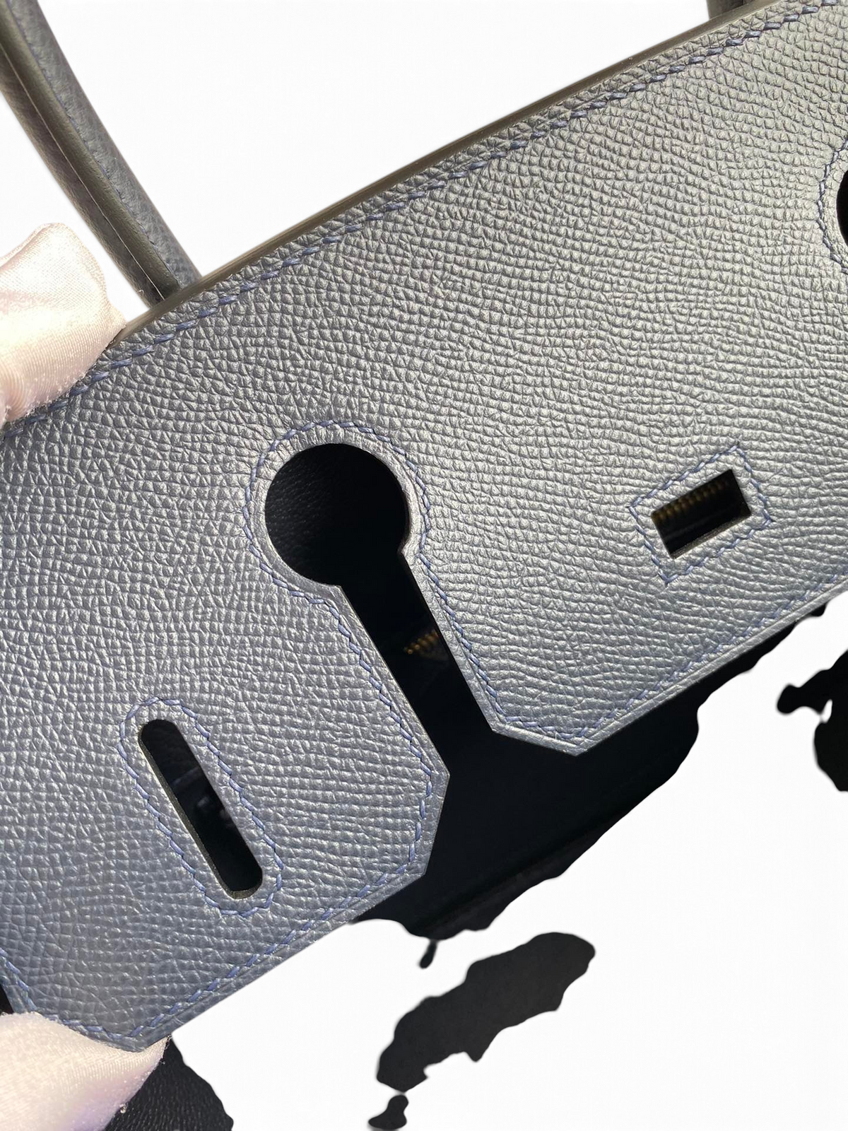 SWORD LUXURY lacivert Epsom deri Hermès Birkin 30 çanta detayı, altın donanım ve el işçiliği dikişleri ile