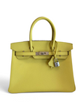 SWORD LUXURY sarı Epsom deri Hermès Birkin 30 çanta, gümüş paladyum donanım ve ikonik kilit detaylı.