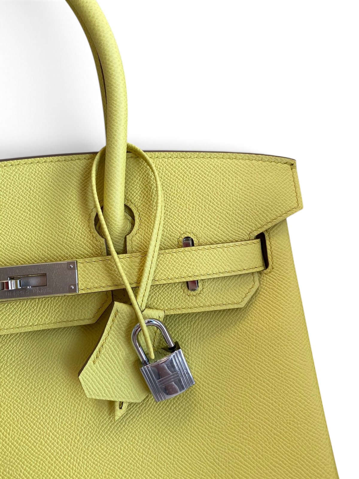 SWORD LUXURY sarı Epsom deri Hermès Birkin 30 çanta, gümüş paladyum donanımlı ve kilitli clochette detaylı.