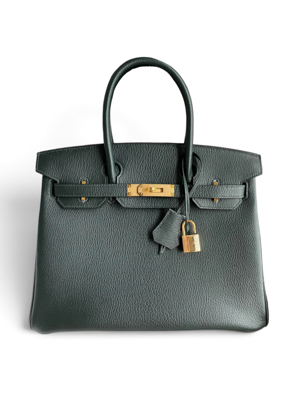 SWORD LUXURY koyu yeşil Togo deri Hermès Birkin 30 çanta, altın donanım ve asma kilit detaylı.