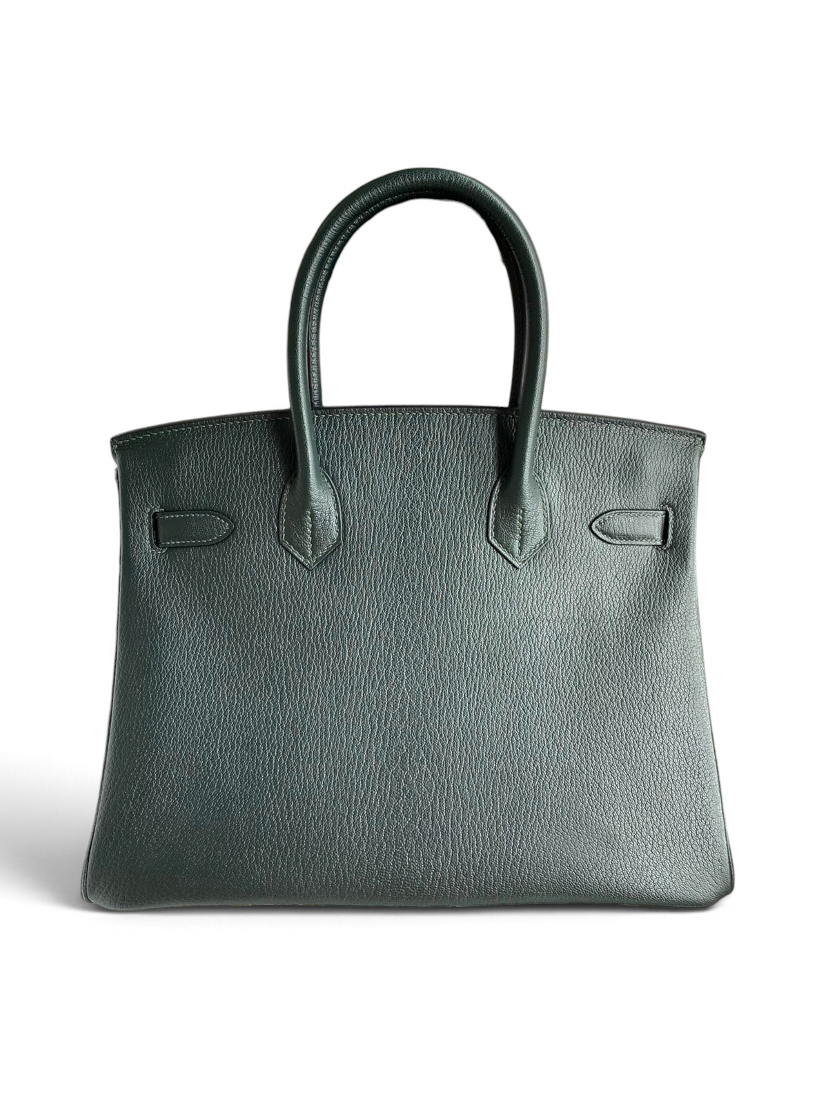 SWORD LUXURY marka koyu yeşil Togo deri Hermès Birkin 30 çanta, kutu içerisinde ve kurdele detaylı.