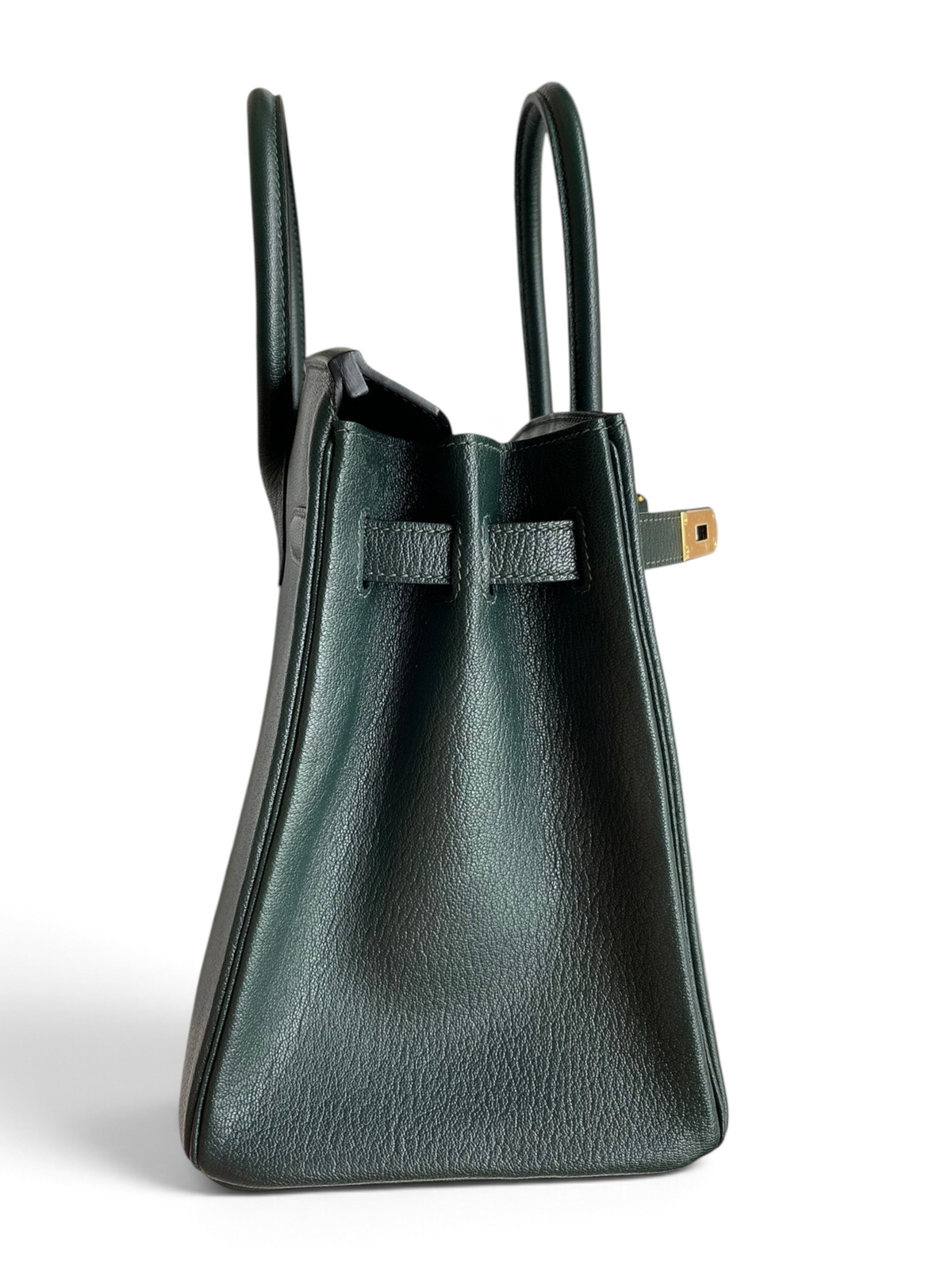SWORD LUXURY marka koyu yeşil Togo deri Hermès Birkin 30 çanta, altın donanımlı ve kutu içinde yan görünüm.